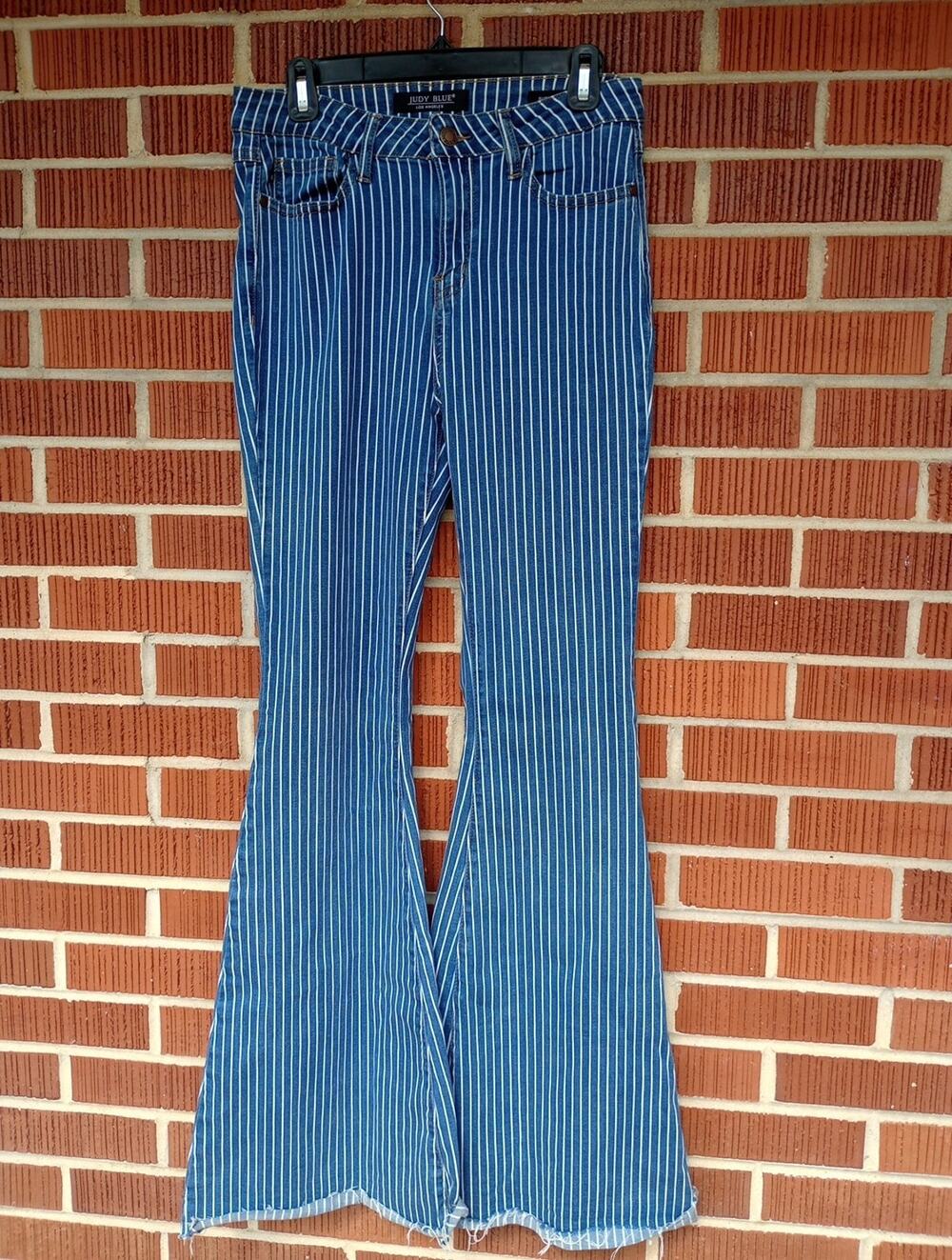 Judy Blue Super Flare Fit Jeans 9/28 Blue White Striped Denim High Rise Raw Hem